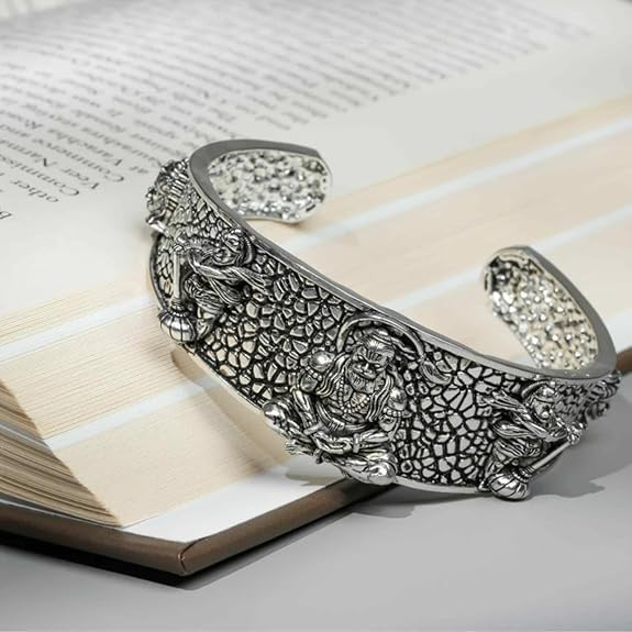Sacred Hanuman Oxidized Silver Cuff Bracelet | Hindu Devotional Jewelry
