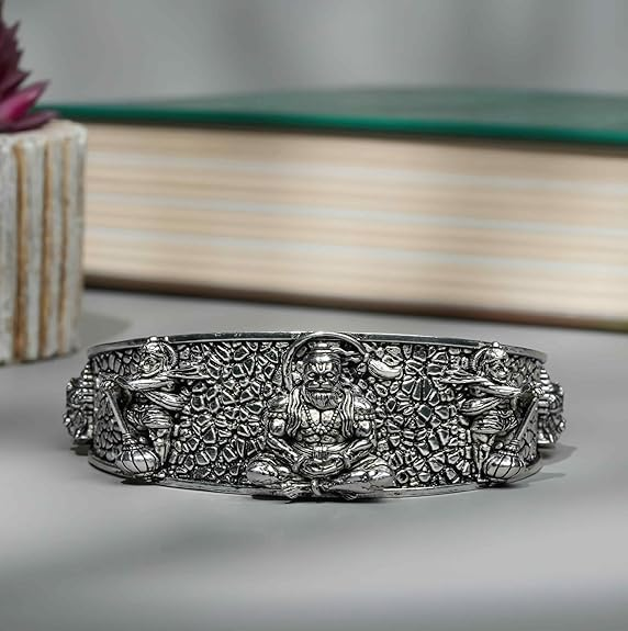 Sacred Hanuman Oxidized Silver Cuff Bracelet | Hindu Devotional Jewelry