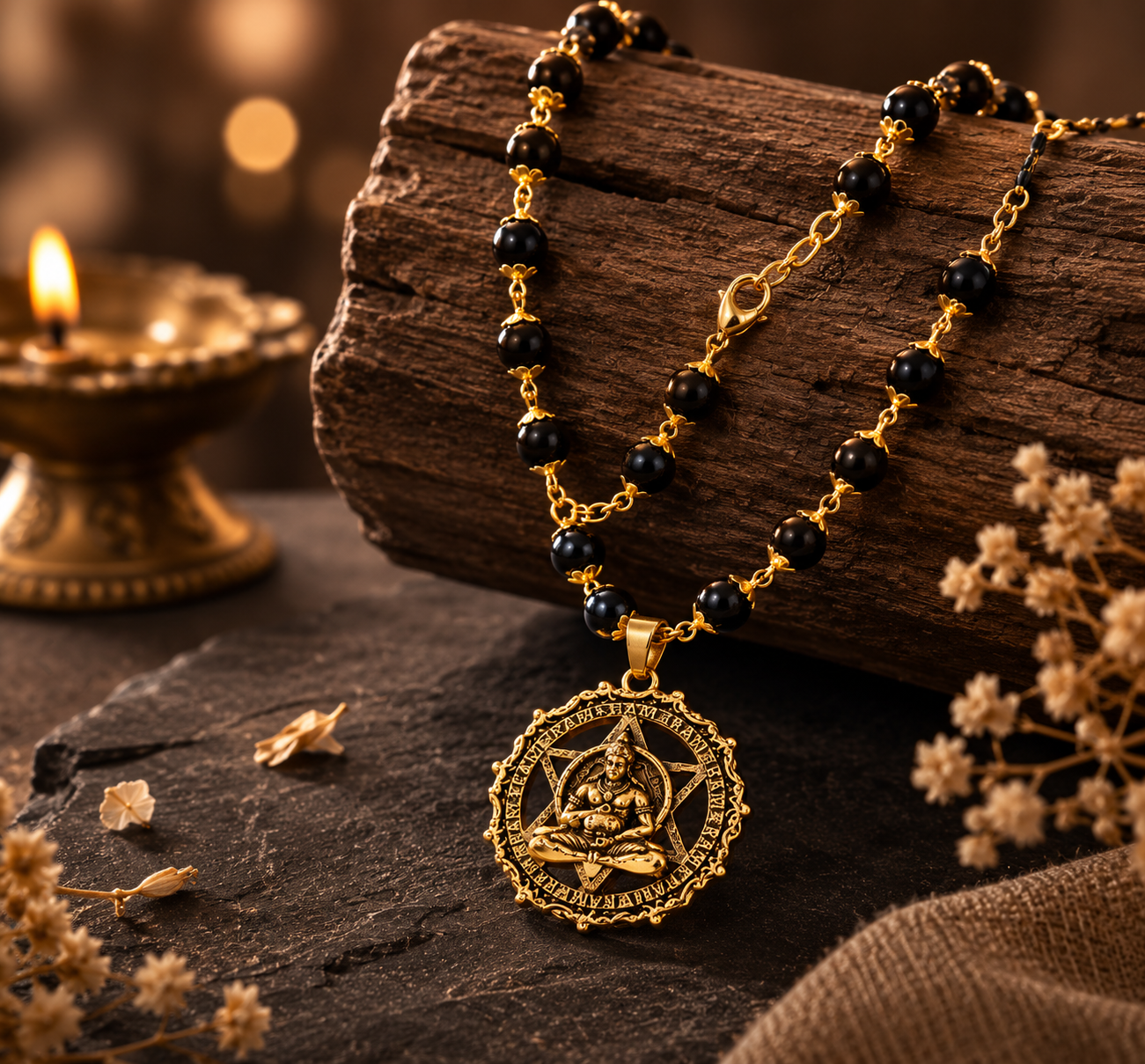 Siddh Gold-Plated Karungali Mala with Hanuman Kavach Pendant