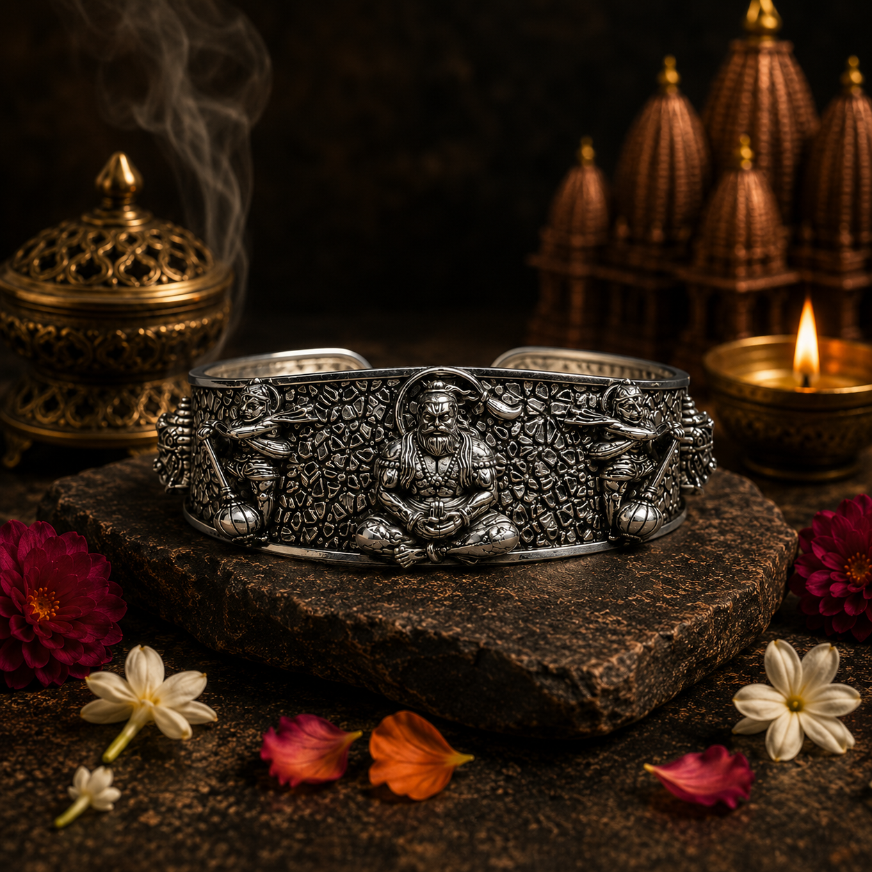 Sacred Hanuman Oxidized Silver Cuff Bracelet | Hindu Devotional Jewelry