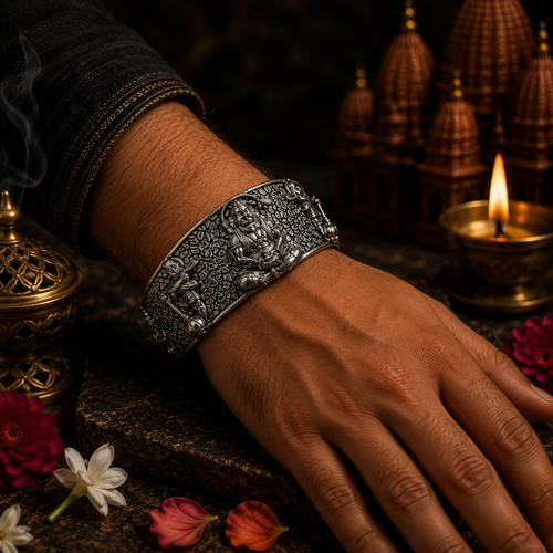 Sacred Hanuman Oxidized Silver Cuff Bracelet | Hindu Devotional Jewelry