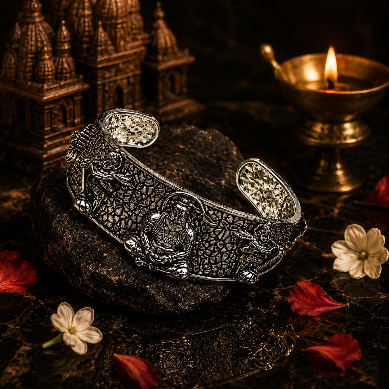 Sacred Hanuman Oxidized Silver Cuff Bracelet | Hindu Devotional Jewelry