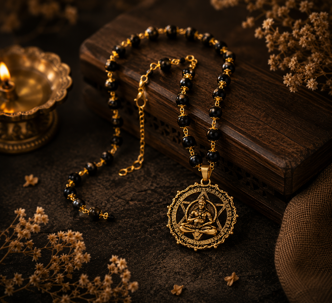 Siddh Gold-Plated Karungali Mala with Hanuman Kavach Pendant